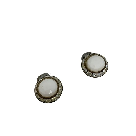 Vintage 1950s White Clip Ons Circle Rhinestone Surround Earrings - Picture 6 of 7